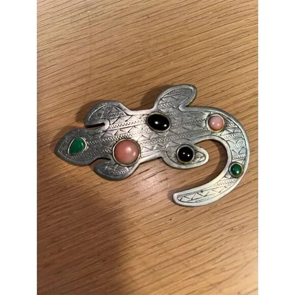 Vintage Navajo Silver Turquoise Gecko Lizard Pin by JJ Jonette - Native American